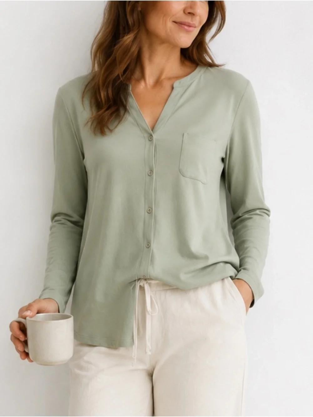 The Company Store 100% Pima Cotton Peru Lounge Top Sage Green Minimalist Comfy M